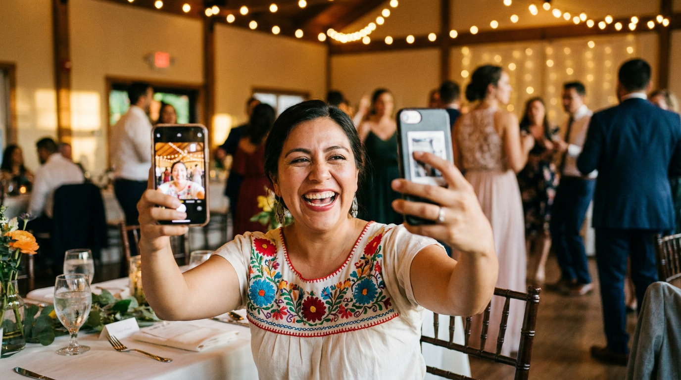 Invitada tomando selfie con marco personalizado